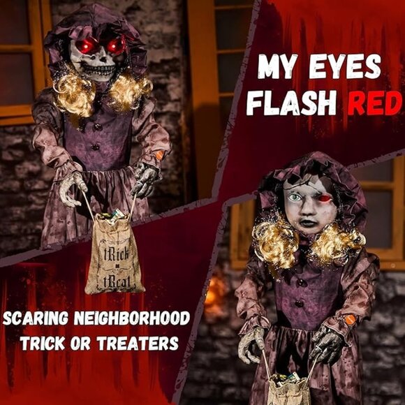 ELAMAS 4 ft Animatronic Halloween Doll With Double Face Glowing Red Eyes - Picture 3 of 9